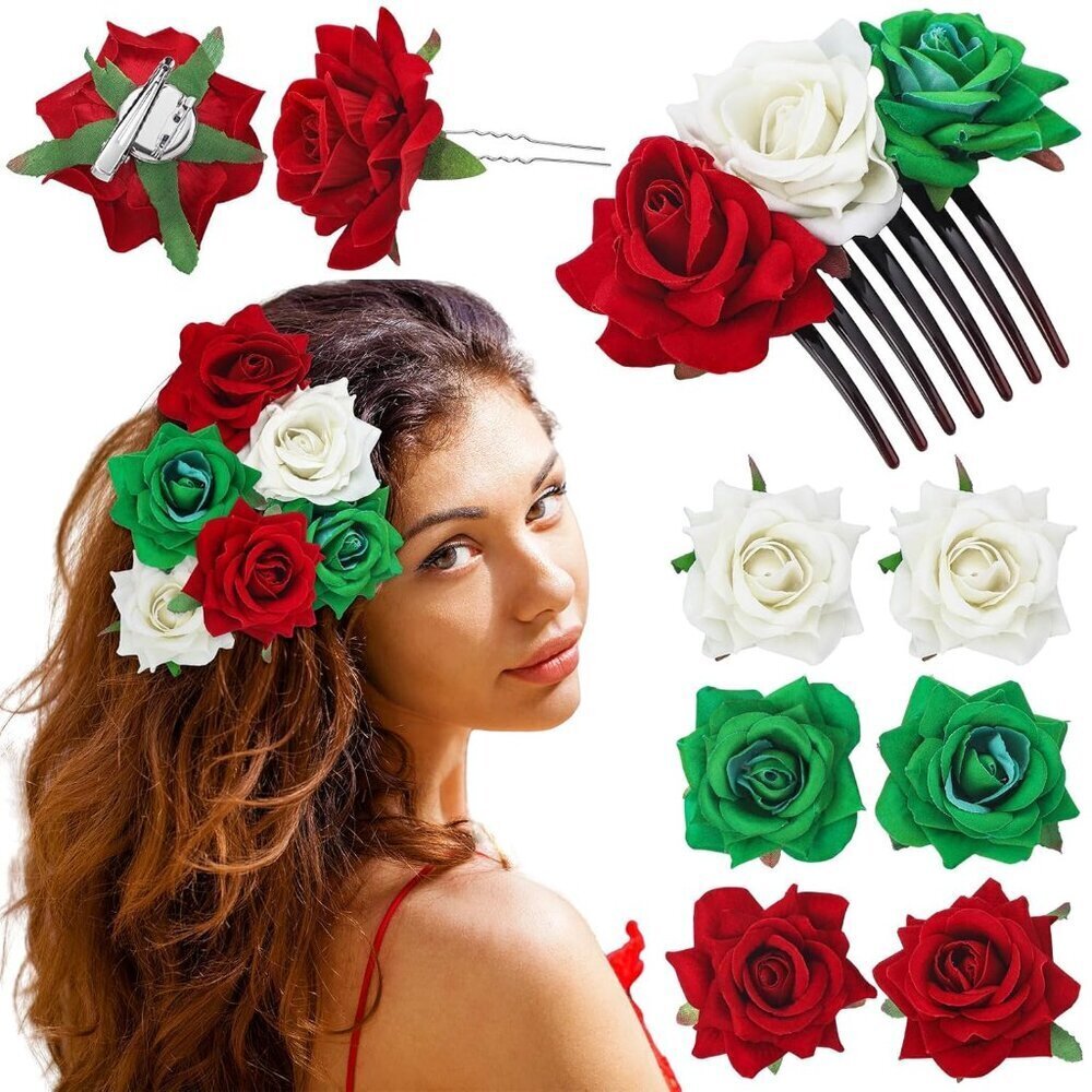 Mexican Hair Accessories 7PCS Red White Green Floral Clips Brooch Set Traditiona